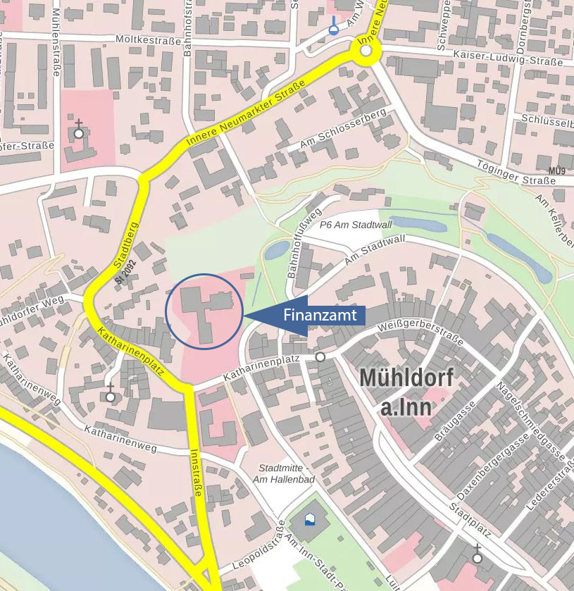  Lageplan mit Markierung des Finanzamts Mühldorf, Katharinenplatz 16