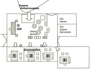  Skizze des Servicezentrums; Zugang zum Wartebereich über den Eingang "Katharinenplatz"; Infotheke rechts vom Eingang; Toiletten (Herren, Damen/Menschen mit Behinderung) links vom Eingang; vier Serviceplätze in Anschluss an den Wartebereich  